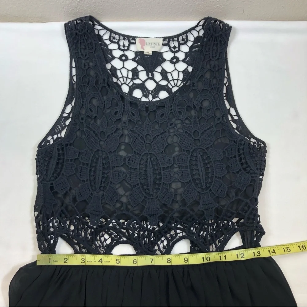 L’ATISTE BY AMY Black Crochet Sheer Side zíper Elastic Waist Maxi Dress Size M - Picture 14 of 16
